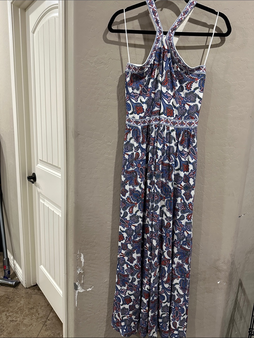 Boden White Maxi Dress with Blue and Red Paisley Print
